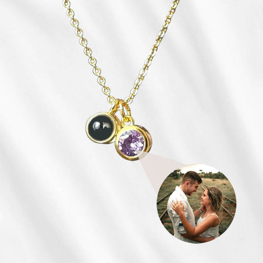 necklace with picture inside with birthstone
