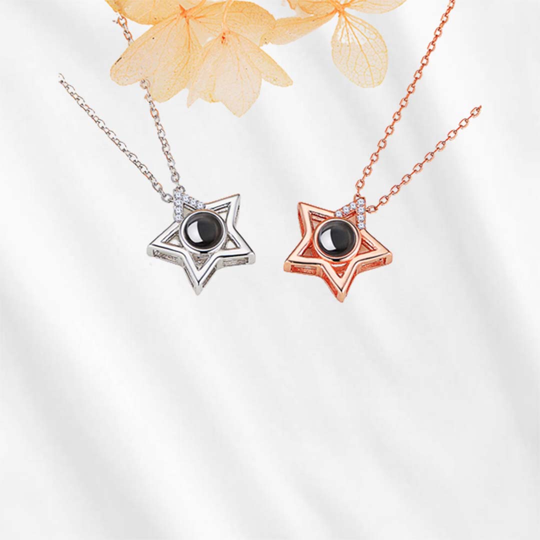 The star shaped projector necklace is a forever classic. The beautiful stone hides your favorite picture, as long as all the beautiful memories. A perfect memorial gift that is meaningful and unique.
