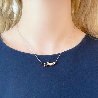 woman wearing Cat Photo Necklace Projection