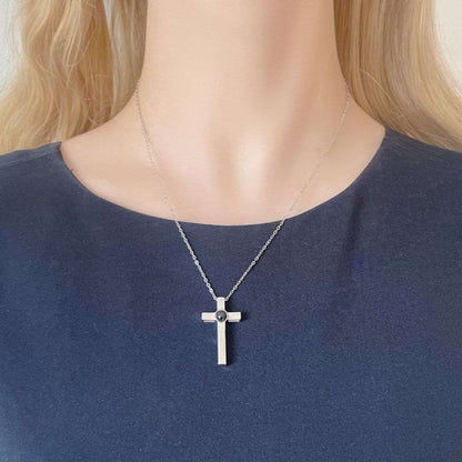 woman wearing a Cross Necklace with Picture inside
