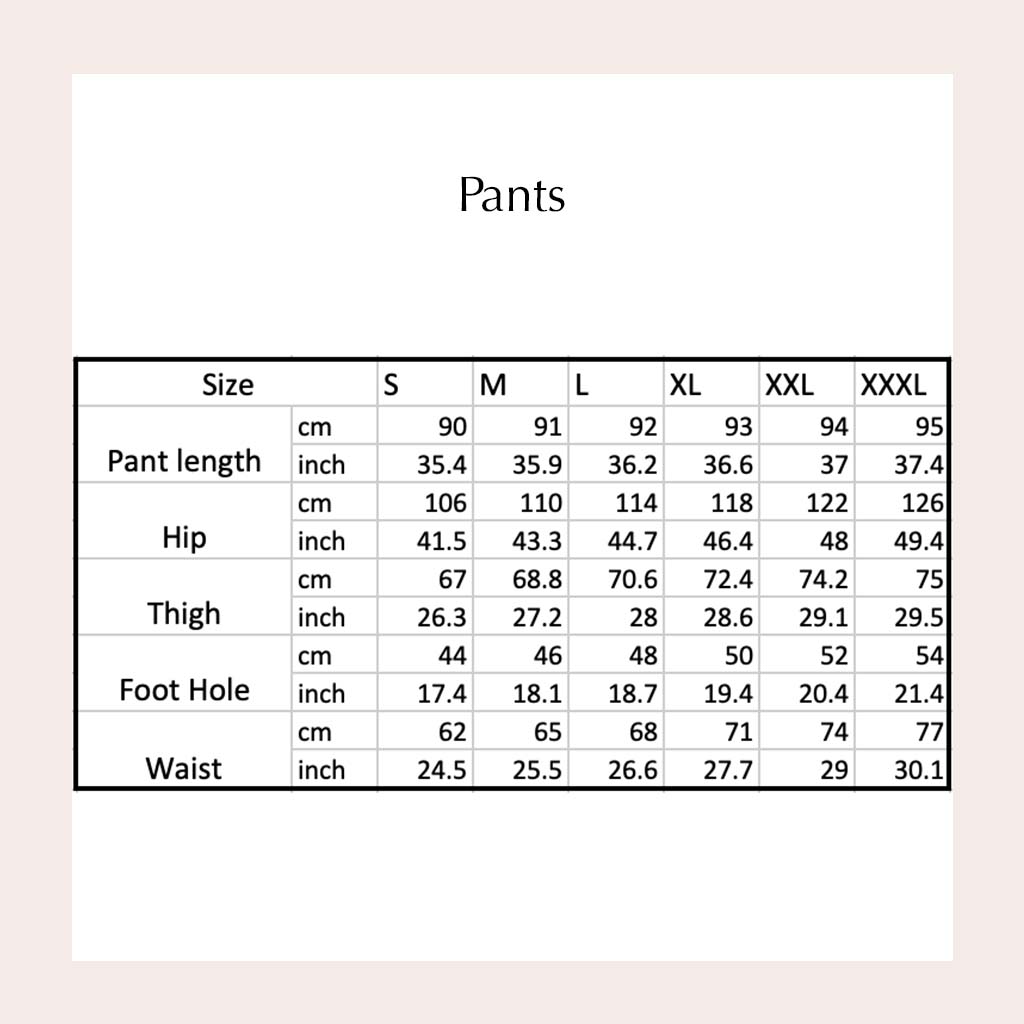 custom pajama pants size chart