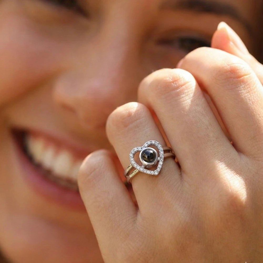 woman wearing a Heart Photo Projection Ring with custom picture inside
