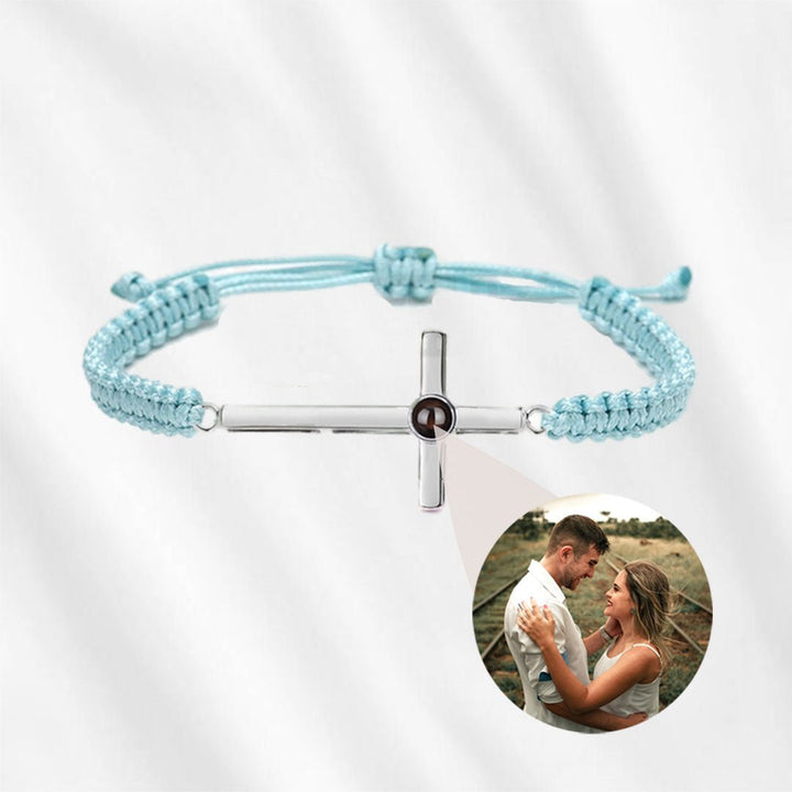 Cross Bracelet with Picture Inside blue rope