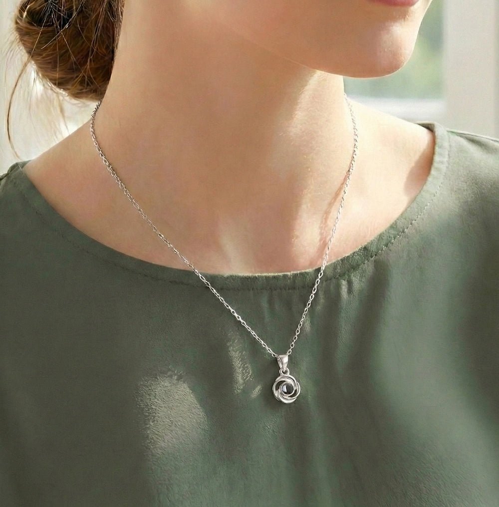 woman wearing rosebudRosebud See-through Picture Necklace