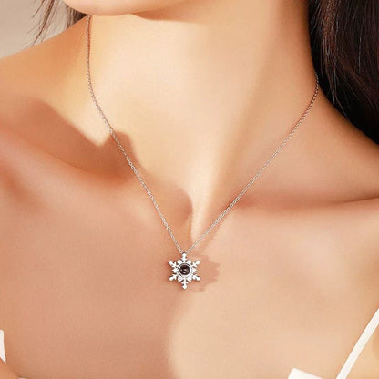 woman wearing Snowflake Custom Photo Projection Pendant