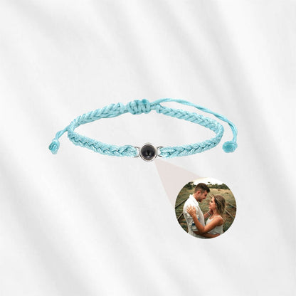 Personalized Circle Photo Bracelet in blue.