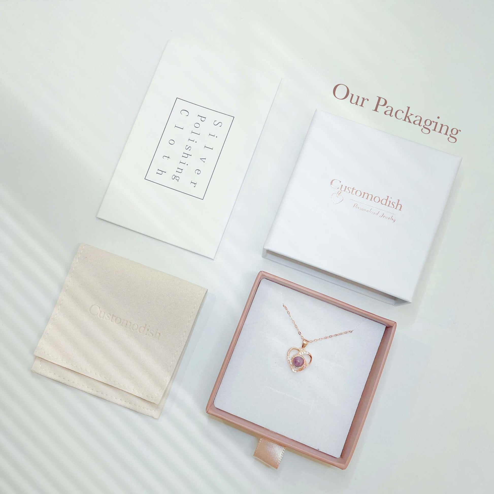 Your photo projection necklace will be put in our jewelry box with a jewelry pouch