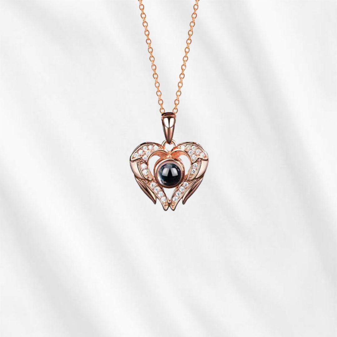 You can project the picture inside the stone onto a wall -- that's the most magical way of viewing the photo inside the projection necklace. Rose gold color is a great choice for girls! 