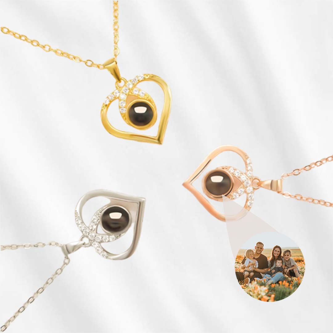 This photo projection necklace comes in three colors: silver, gold and rose gold. Perfect projector necklace for him.