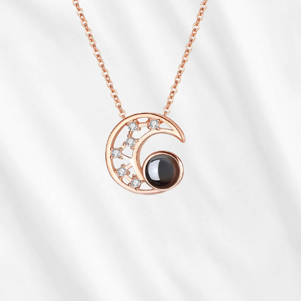 Customodish's Moon Projection Necklace is crafted in sterling silver and plated in 14k gold. Make a customized one NOW.