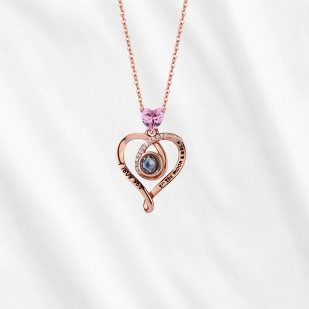 Our pick heart projection necklace comes in three colors, all made with sterling silver.