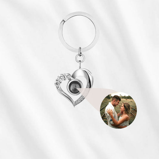 A personalized photo projection keychain keeps a tiny hidden picture inside and projects it onto a wall.