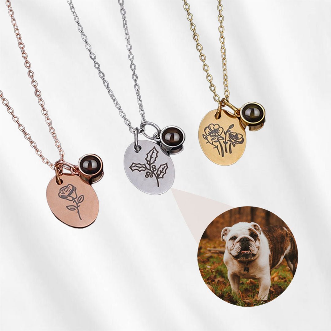 Necklace with picture inside with birth flower