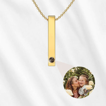 Vertical bar projection necklace with hidden photo inside in gold color